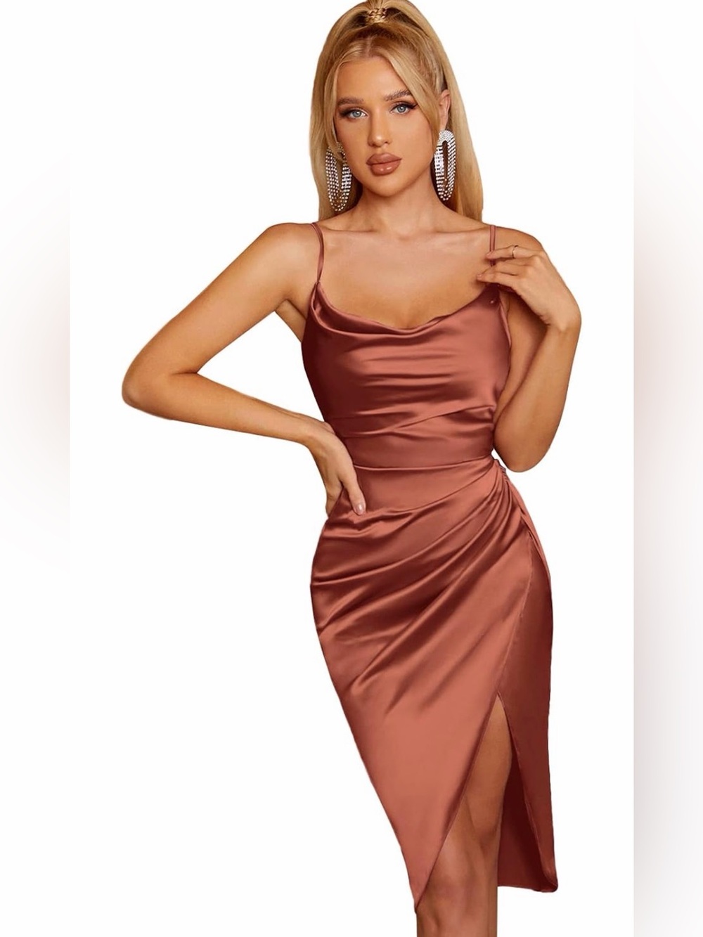 A407 Satin Slip Dress Cowl Neck Backless Ruched XL Dress
